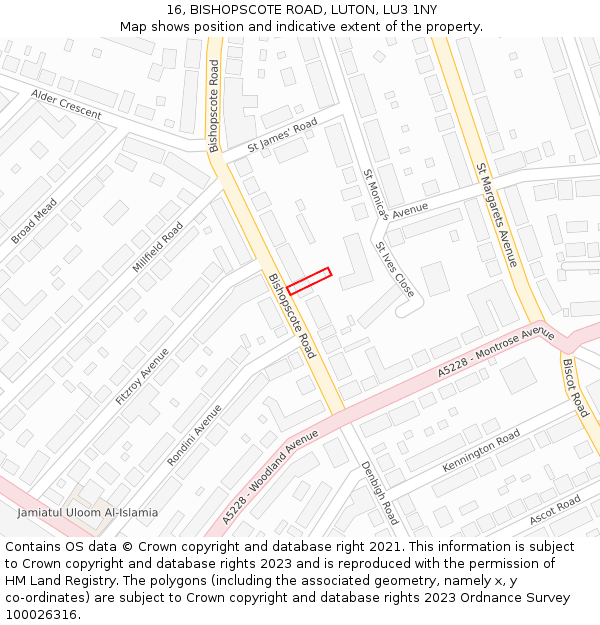 16, BISHOPSCOTE ROAD, LUTON, LU3 1NY: Location map and indicative extent of plot