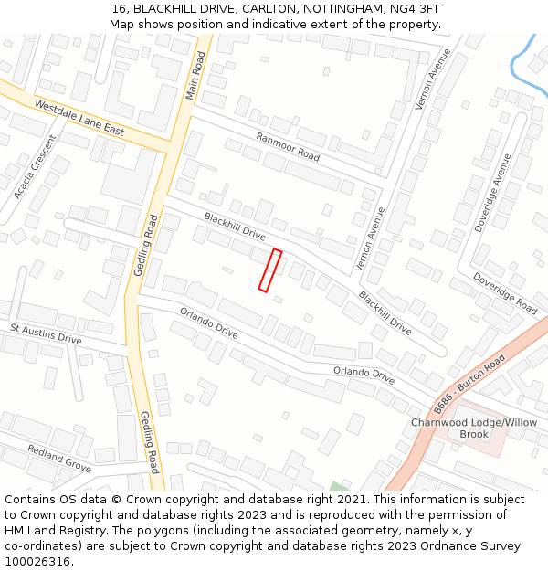 16, BLACKHILL DRIVE, CARLTON, NOTTINGHAM, NG4 3FT: Location map and indicative extent of plot