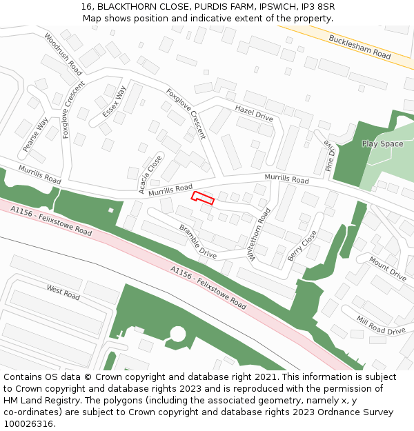 16, BLACKTHORN CLOSE, PURDIS FARM, IPSWICH, IP3 8SR: Location map and indicative extent of plot