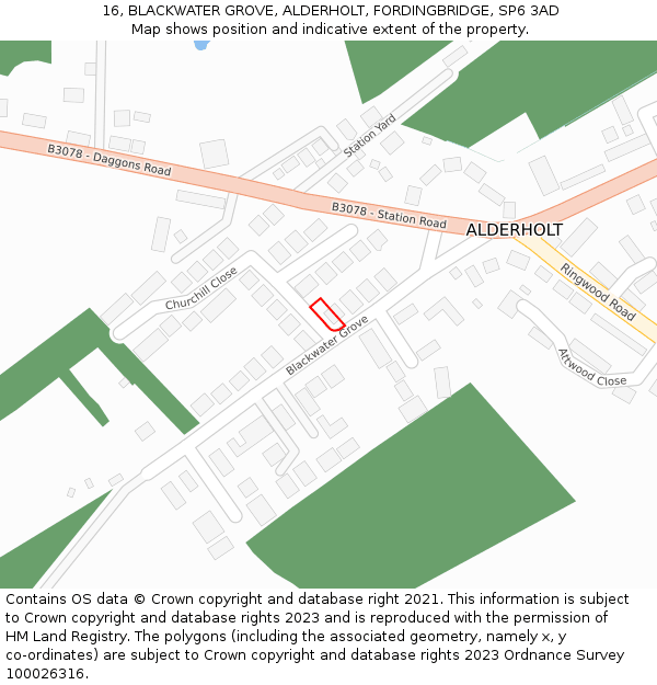 16, BLACKWATER GROVE, ALDERHOLT, FORDINGBRIDGE, SP6 3AD: Location map and indicative extent of plot