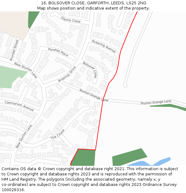 16, BOLSOVER CLOSE, GARFORTH, LEEDS, LS25 2NG: Location map and indicative extent of plot