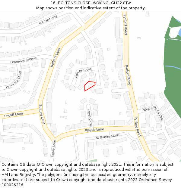 16, BOLTONS CLOSE, WOKING, GU22 8TW: Location map and indicative extent of plot