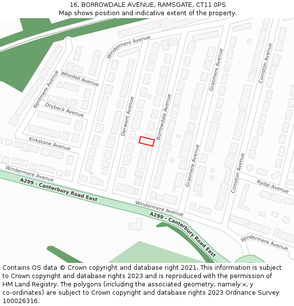 16, BORROWDALE AVENUE, RAMSGATE, CT11 0PS: Location map and indicative extent of plot