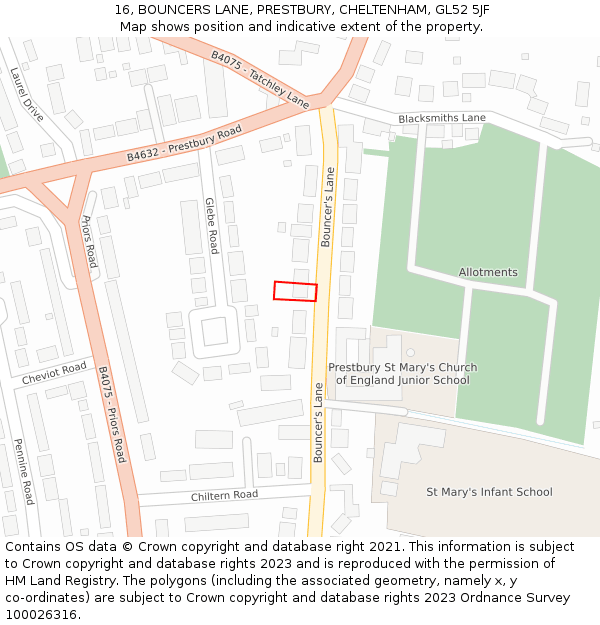 16, BOUNCERS LANE, PRESTBURY, CHELTENHAM, GL52 5JF: Location map and indicative extent of plot