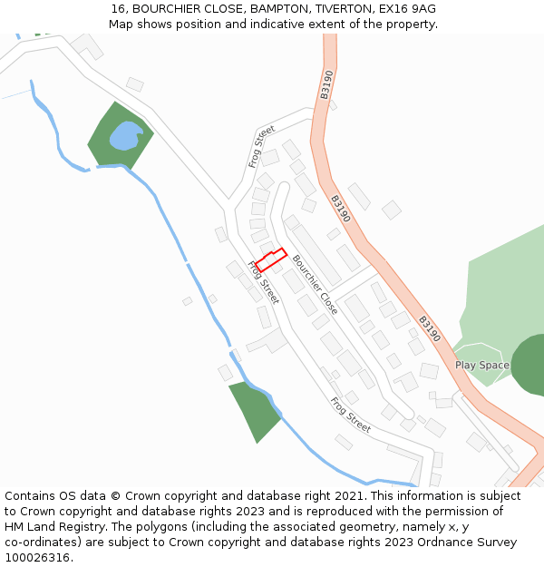 16, BOURCHIER CLOSE, BAMPTON, TIVERTON, EX16 9AG: Location map and indicative extent of plot