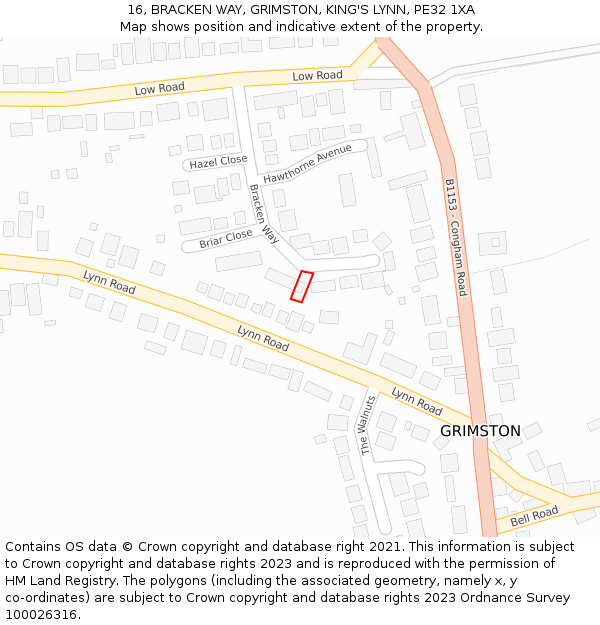 16, BRACKEN WAY, GRIMSTON, KING'S LYNN, PE32 1XA: Location map and indicative extent of plot