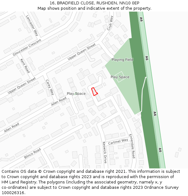 16, BRADFIELD CLOSE, RUSHDEN, NN10 0EP: Location map and indicative extent of plot