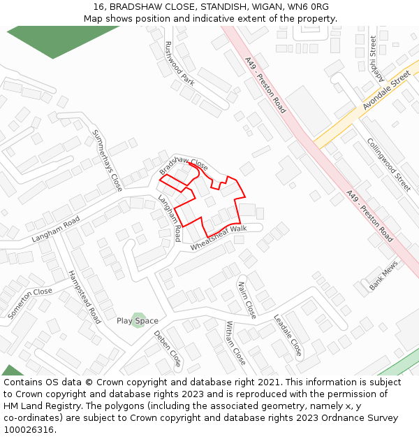 16, BRADSHAW CLOSE, STANDISH, WIGAN, WN6 0RG: Location map and indicative extent of plot
