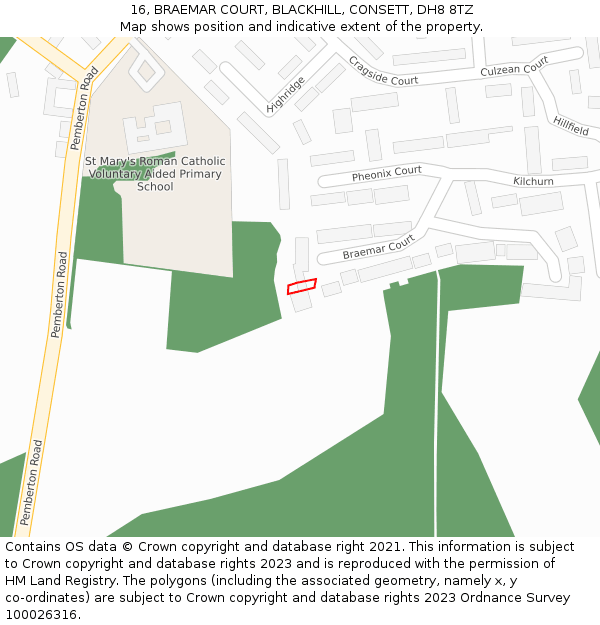 16, BRAEMAR COURT, BLACKHILL, CONSETT, DH8 8TZ: Location map and indicative extent of plot