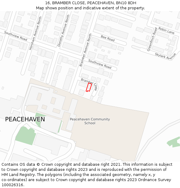 16, BRAMBER CLOSE, PEACEHAVEN, BN10 8DH: Location map and indicative extent of plot