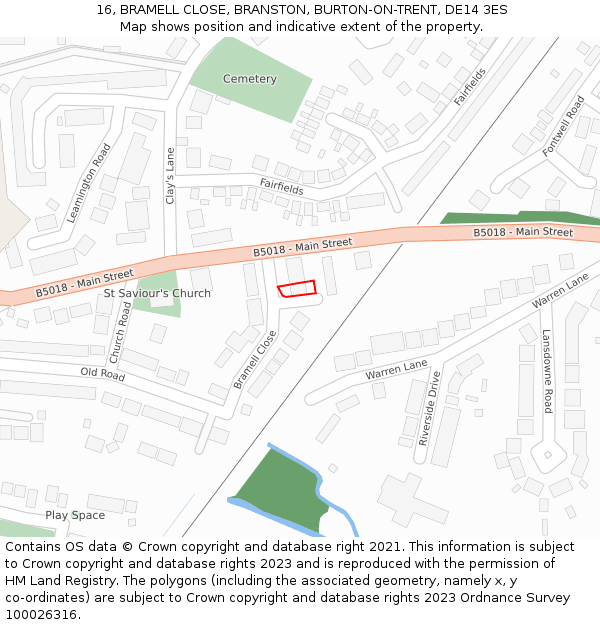 16, BRAMELL CLOSE, BRANSTON, BURTON-ON-TRENT, DE14 3ES: Location map and indicative extent of plot