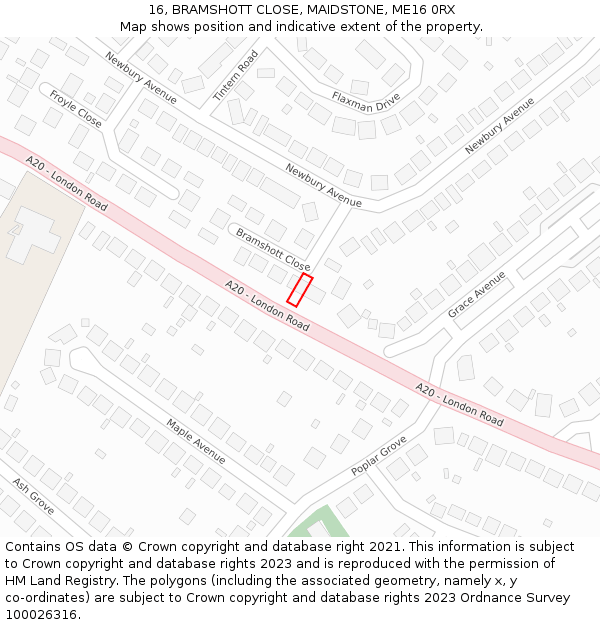 16, BRAMSHOTT CLOSE, MAIDSTONE, ME16 0RX: Location map and indicative extent of plot