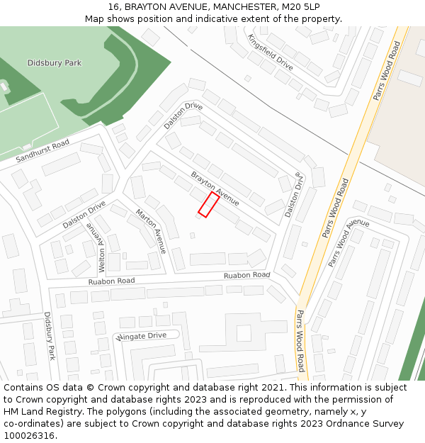 16, BRAYTON AVENUE, MANCHESTER, M20 5LP: Location map and indicative extent of plot