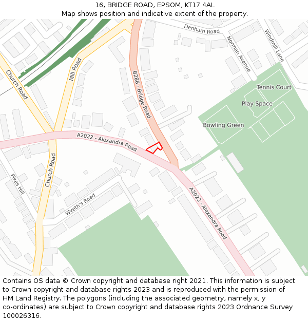 16, BRIDGE ROAD, EPSOM, KT17 4AL: Location map and indicative extent of plot