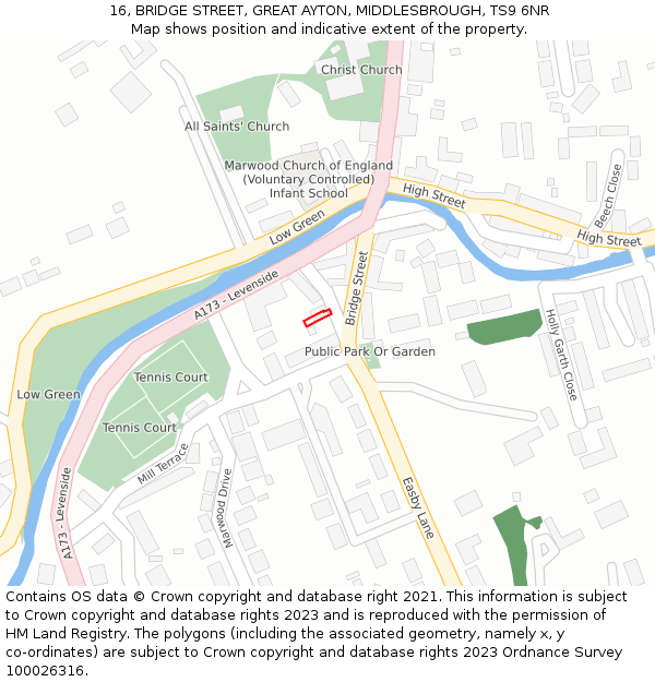 16, BRIDGE STREET, GREAT AYTON, MIDDLESBROUGH, TS9 6NR: Location map and indicative extent of plot