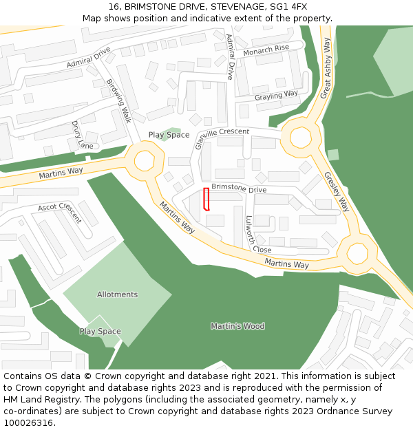 16, BRIMSTONE DRIVE, STEVENAGE, SG1 4FX: Location map and indicative extent of plot