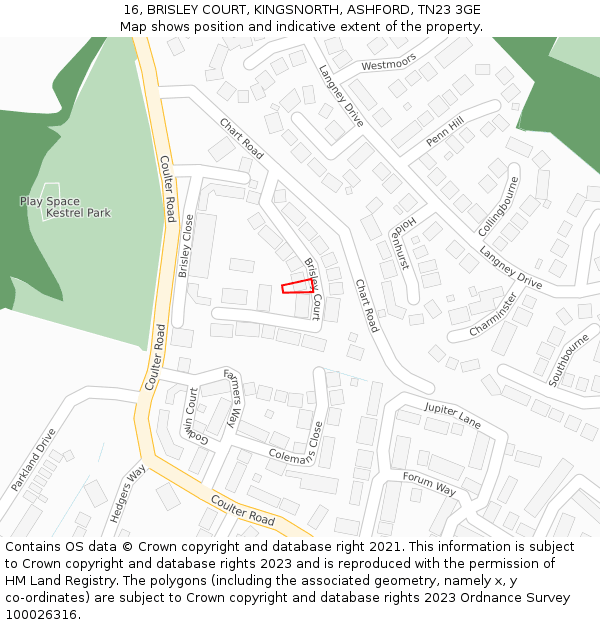 16, BRISLEY COURT, KINGSNORTH, ASHFORD, TN23 3GE: Location map and indicative extent of plot