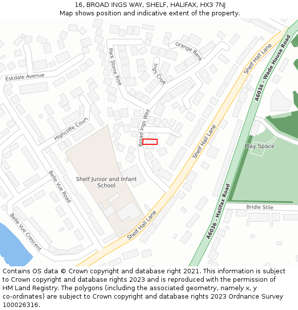 16, BROAD INGS WAY, SHELF, HALIFAX, HX3 7NJ: Location map and indicative extent of plot