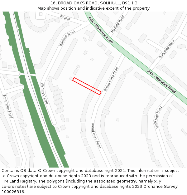 16, BROAD OAKS ROAD, SOLIHULL, B91 1JB: Location map and indicative extent of plot