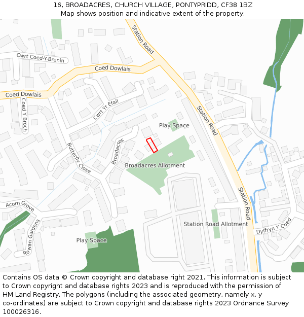 16, BROADACRES, CHURCH VILLAGE, PONTYPRIDD, CF38 1BZ: Location map and indicative extent of plot