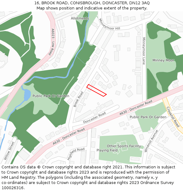 16, BROOK ROAD, CONISBROUGH, DONCASTER, DN12 3AQ: Location map and indicative extent of plot