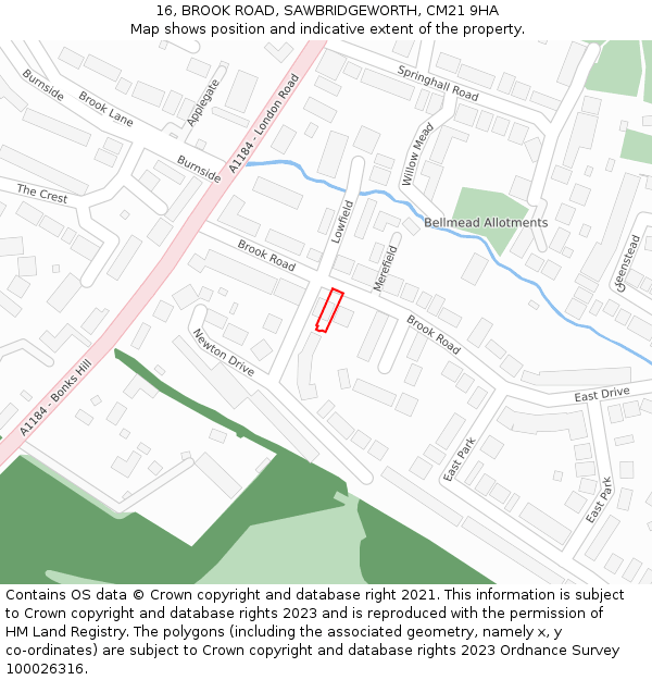 16, BROOK ROAD, SAWBRIDGEWORTH, CM21 9HA: Location map and indicative extent of plot