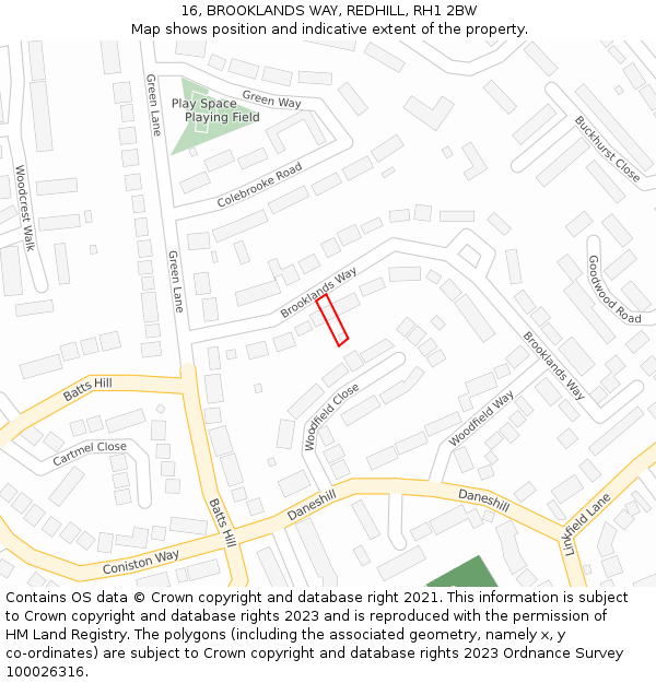 16, BROOKLANDS WAY, REDHILL, RH1 2BW: Location map and indicative extent of plot