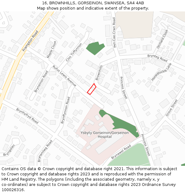 16, BROWNHILLS, GORSEINON, SWANSEA, SA4 4AB: Location map and indicative extent of plot