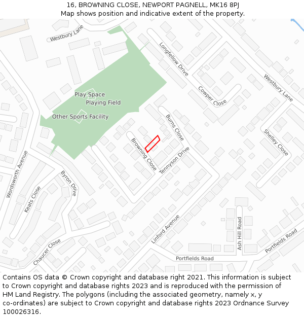 16, BROWNING CLOSE, NEWPORT PAGNELL, MK16 8PJ: Location map and indicative extent of plot