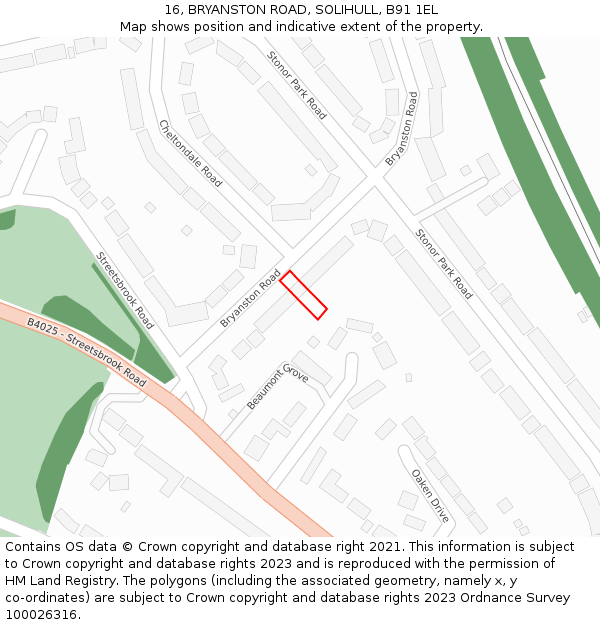 16, BRYANSTON ROAD, SOLIHULL, B91 1EL: Location map and indicative extent of plot