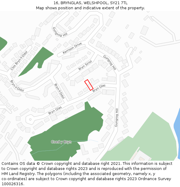 16, BRYNGLAS, WELSHPOOL, SY21 7TL: Location map and indicative extent of plot
