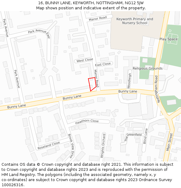 16, BUNNY LANE, KEYWORTH, NOTTINGHAM, NG12 5JW: Location map and indicative extent of plot