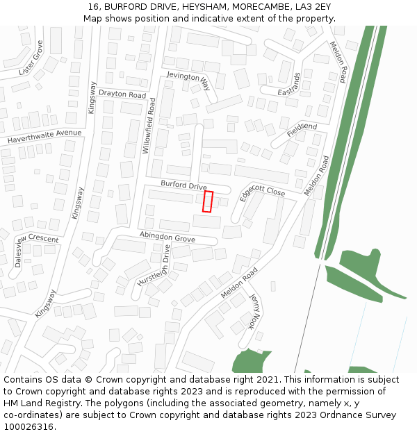 16, BURFORD DRIVE, HEYSHAM, MORECAMBE, LA3 2EY: Location map and indicative extent of plot