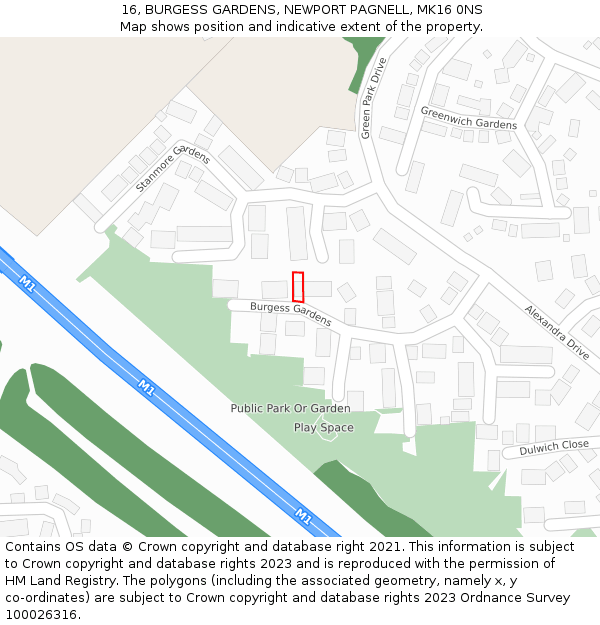 16, BURGESS GARDENS, NEWPORT PAGNELL, MK16 0NS: Location map and indicative extent of plot