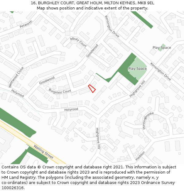 16, BURGHLEY COURT, GREAT HOLM, MILTON KEYNES, MK8 9EL: Location map and indicative extent of plot