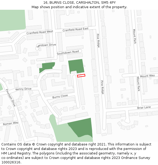 16, BURNS CLOSE, CARSHALTON, SM5 4PY: Location map and indicative extent of plot