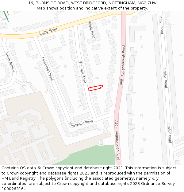 16, BURNSIDE ROAD, WEST BRIDGFORD, NOTTINGHAM, NG2 7HW: Location map and indicative extent of plot