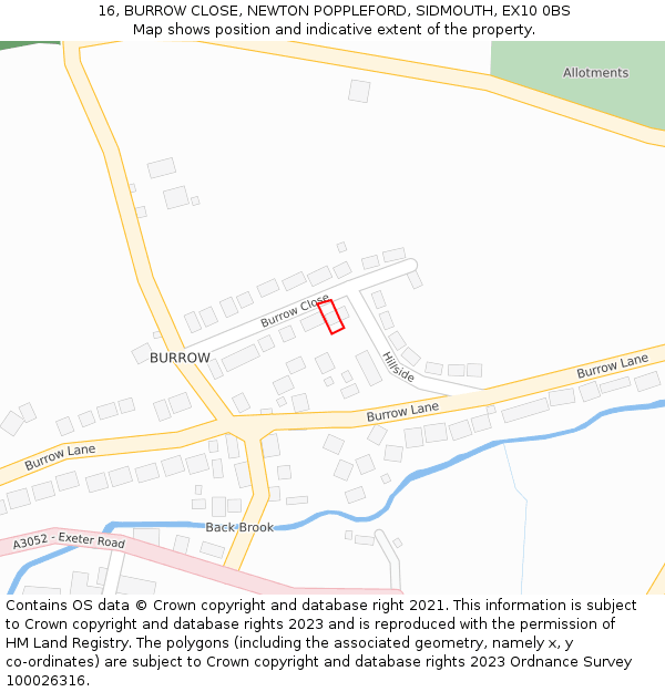 16, BURROW CLOSE, NEWTON POPPLEFORD, SIDMOUTH, EX10 0BS: Location map and indicative extent of plot