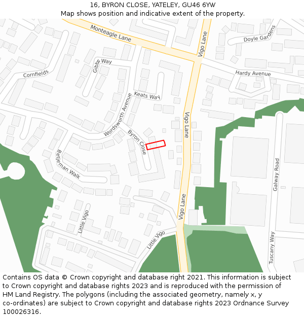16, BYRON CLOSE, YATELEY, GU46 6YW: Location map and indicative extent of plot