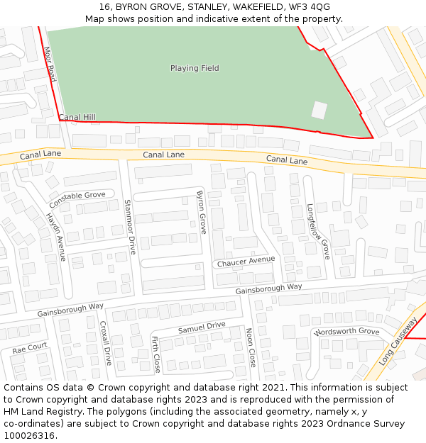 16, BYRON GROVE, STANLEY, WAKEFIELD, WF3 4QG: Location map and indicative extent of plot