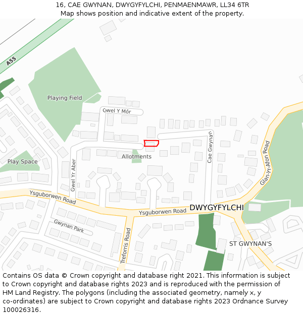 16, CAE GWYNAN, DWYGYFYLCHI, PENMAENMAWR, LL34 6TR: Location map and indicative extent of plot