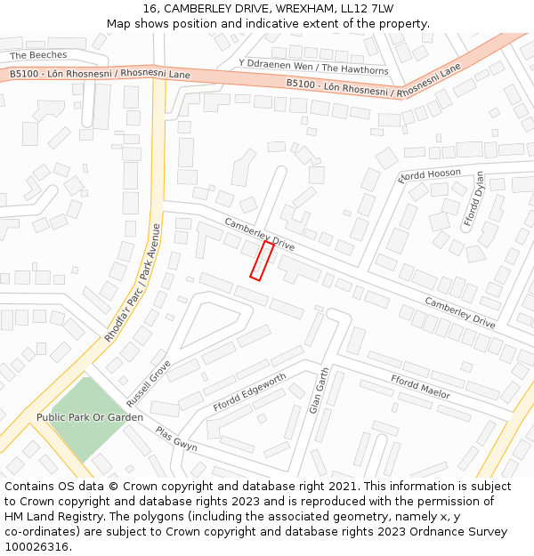 16, CAMBERLEY DRIVE, WREXHAM, LL12 7LW: Location map and indicative extent of plot