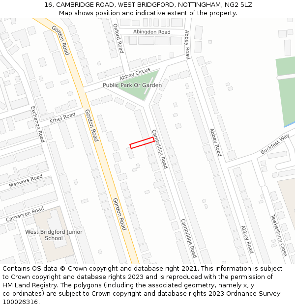 16, CAMBRIDGE ROAD, WEST BRIDGFORD, NOTTINGHAM, NG2 5LZ: Location map and indicative extent of plot