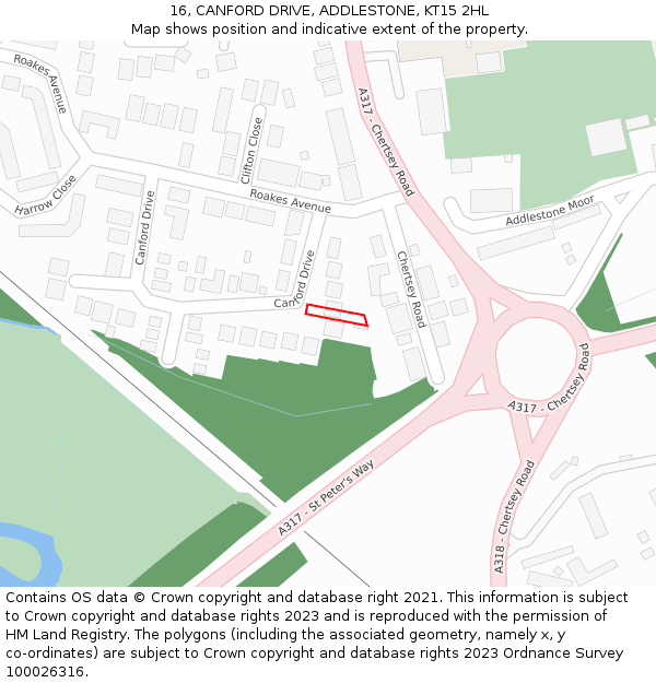 16, CANFORD DRIVE, ADDLESTONE, KT15 2HL: Location map and indicative extent of plot