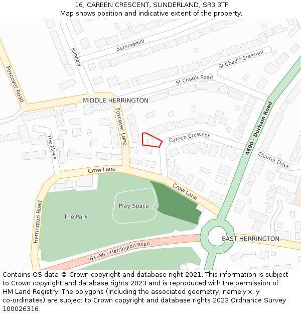 16, CAREEN CRESCENT, SUNDERLAND, SR3 3TF: Location map and indicative extent of plot