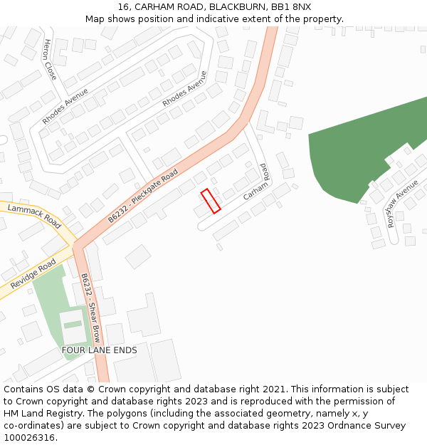 16, CARHAM ROAD, BLACKBURN, BB1 8NX: Location map and indicative extent of plot