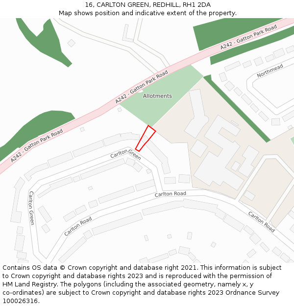 16, CARLTON GREEN, REDHILL, RH1 2DA: Location map and indicative extent of plot