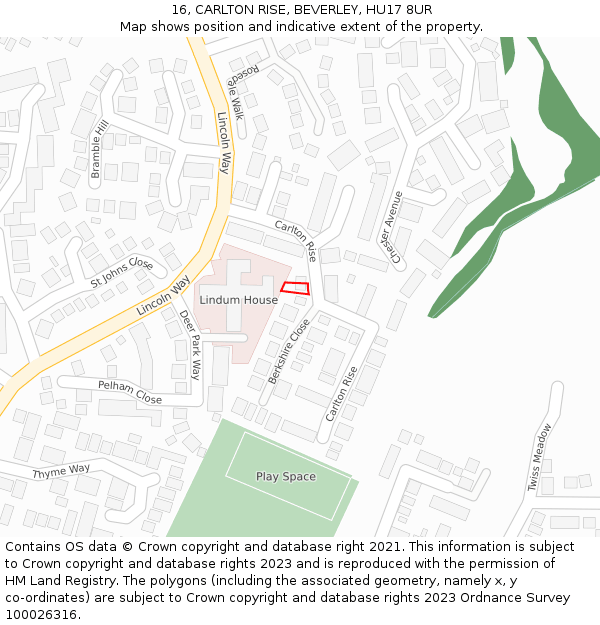 16, CARLTON RISE, BEVERLEY, HU17 8UR: Location map and indicative extent of plot