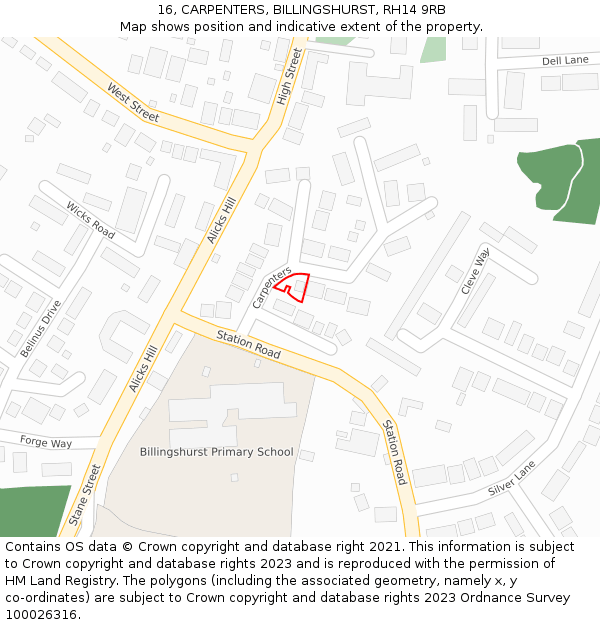 16, CARPENTERS, BILLINGSHURST, RH14 9RB: Location map and indicative extent of plot