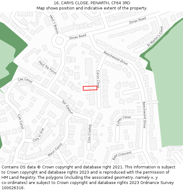 16, CARYS CLOSE, PENARTH, CF64 3RD: Location map and indicative extent of plot